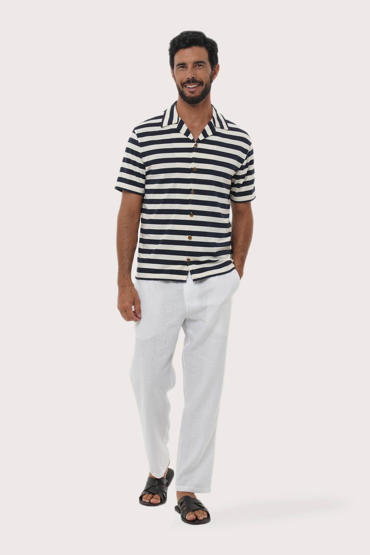 Front view of the Salur Shirt Stripe in Navy by By The Sea Bali, styled for effortless summer dressing