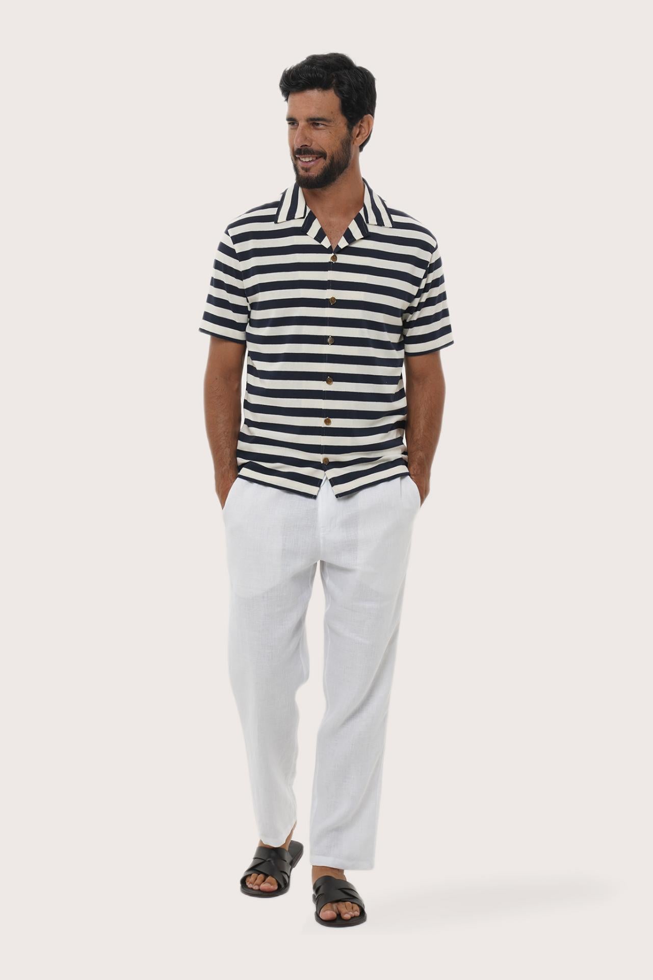 By The Sea Bali Salur Shirt Stripe in Navy — soft cotton shirt with a relaxed camp-collar silhouette