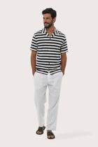By The Sea Bali Salur Shirt Stripe in Navy — soft cotton shirt with a relaxed camp-collar silhouette