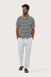 By The Sea Bali Salur Shirt Stripe in Navy — soft cotton shirt with a relaxed camp-collar silhouette