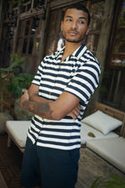 Men's resortwear styling featuring the Salur Shirt Stripe in Navy by By The Sea Bali