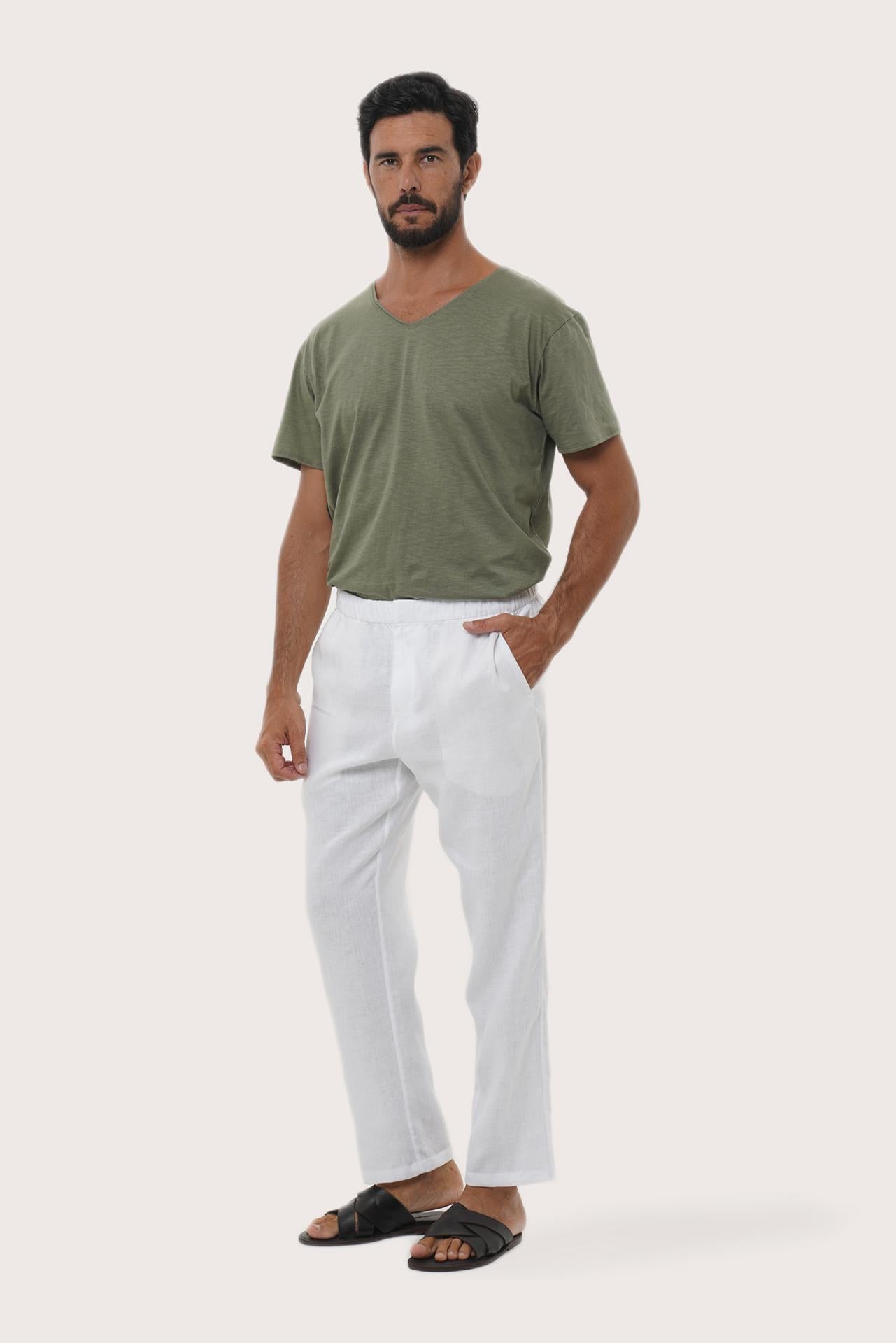 Front view of the Sargi Linen Pant in White by By The Sea Bali, a versatile warm-weather essential