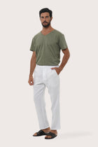 Front view of the Sargi Linen Pant in White by By The Sea Bali, a versatile warm-weather essential