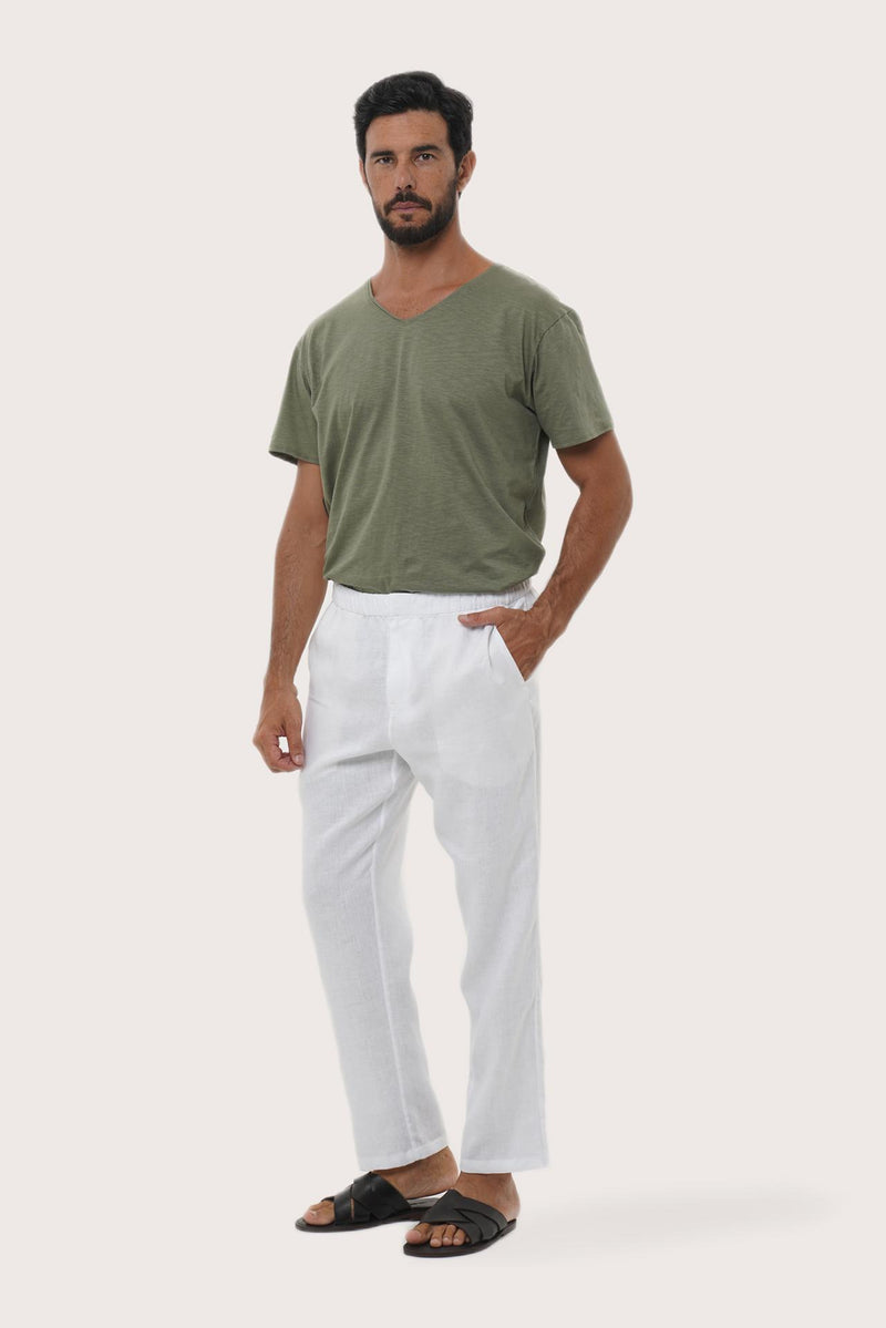 Front view of the Sargi Linen Pant in White by By The Sea Bali, a versatile warm-weather essential