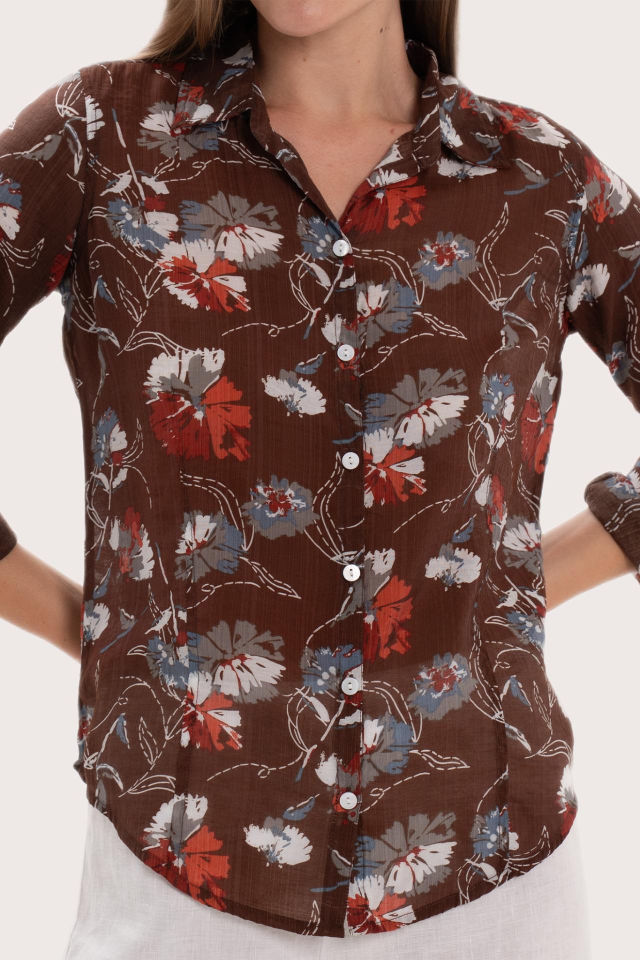 Close-up of the Marigold print and rayon nylon fabric detailing