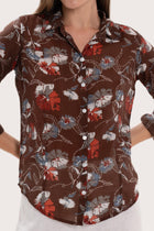 Close-up of the Marigold print and rayon nylon fabric detailing