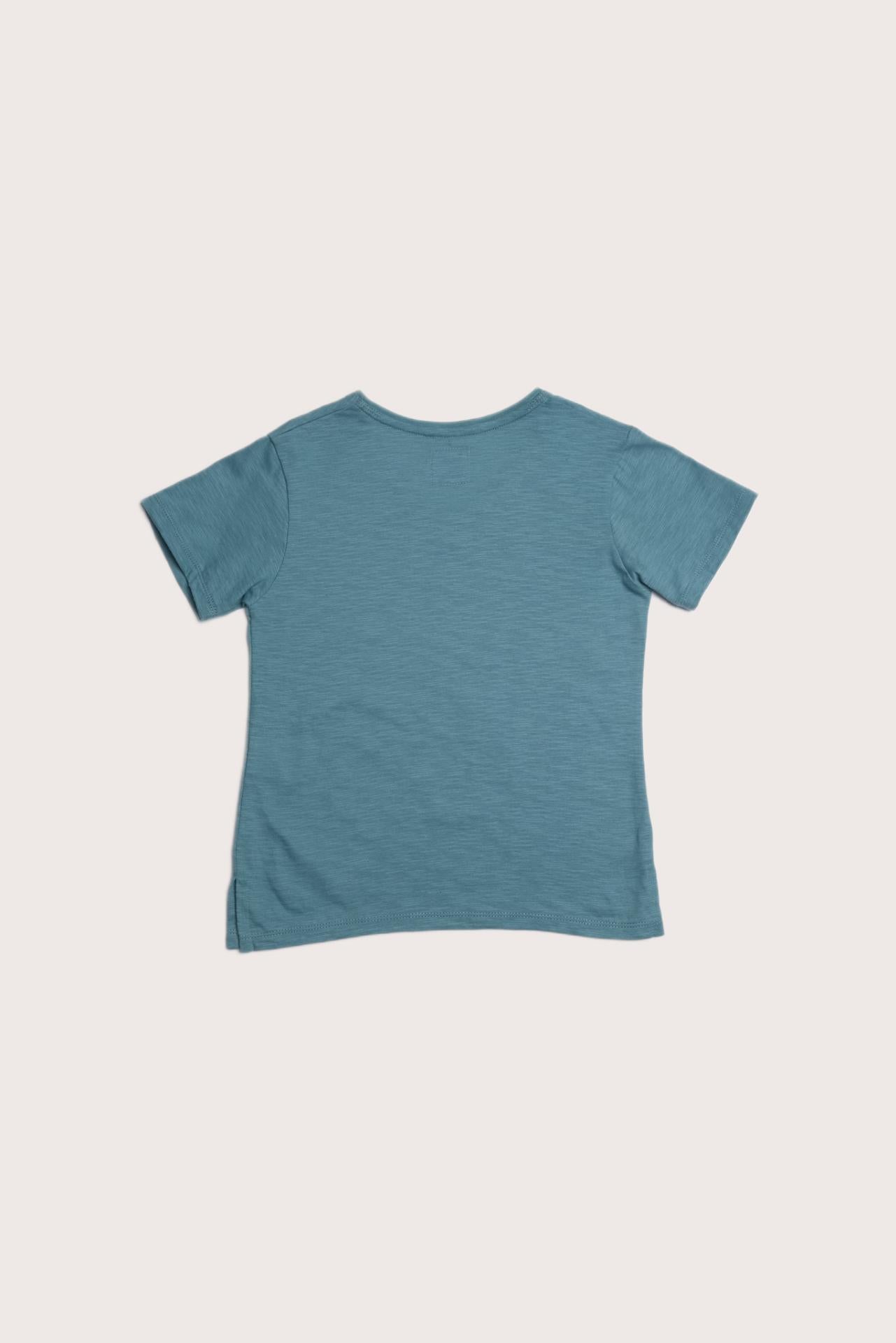 Back view of the green forest cotton short sleeve V-neck T-shirt with a relaxed silhouette