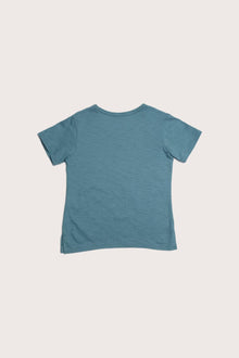 Back view of the green forest cotton short sleeve V-neck T-shirt with a relaxed silhouette