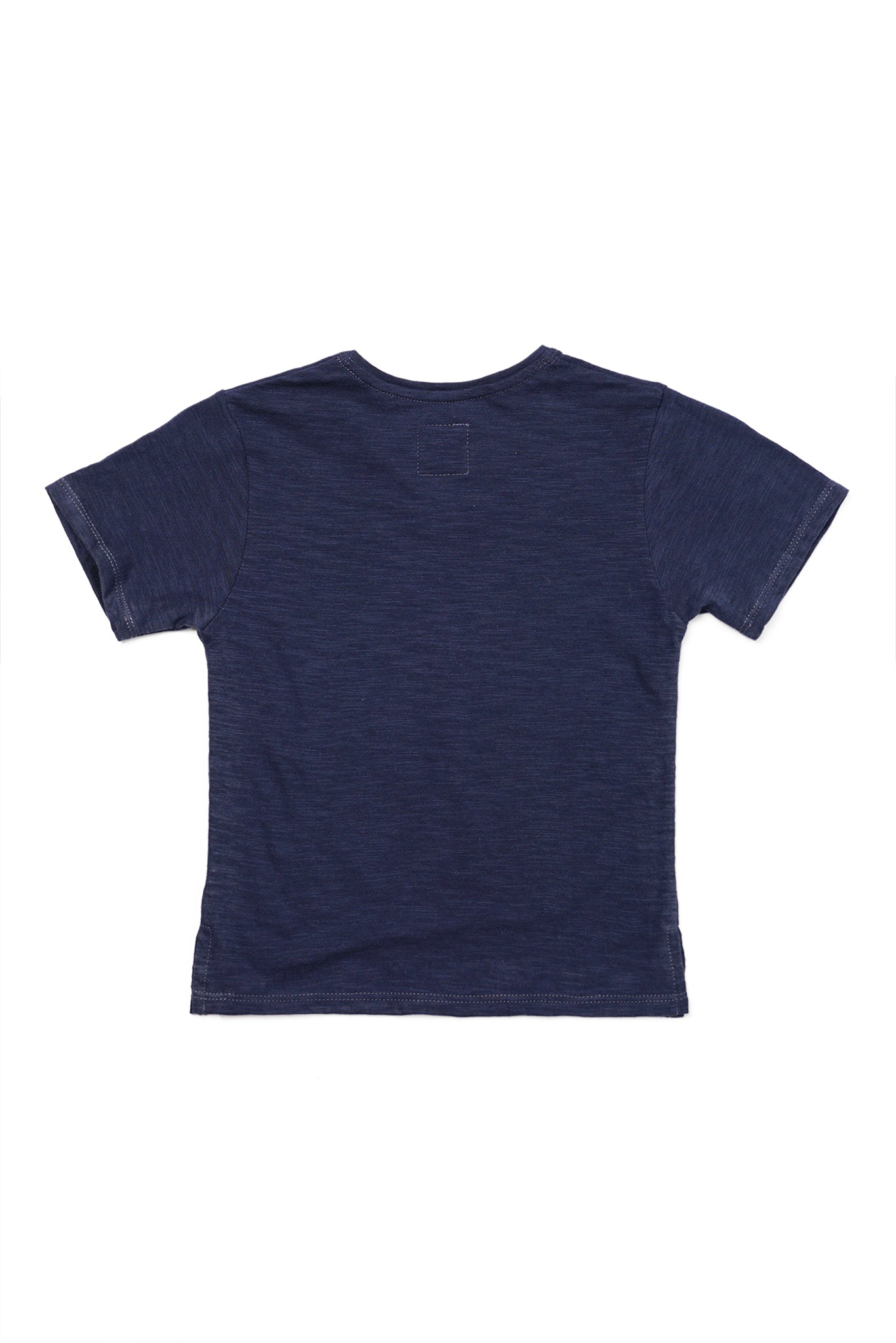 Back view of navy V-neck cotton T-shirt with clean minimalist resortwear styling