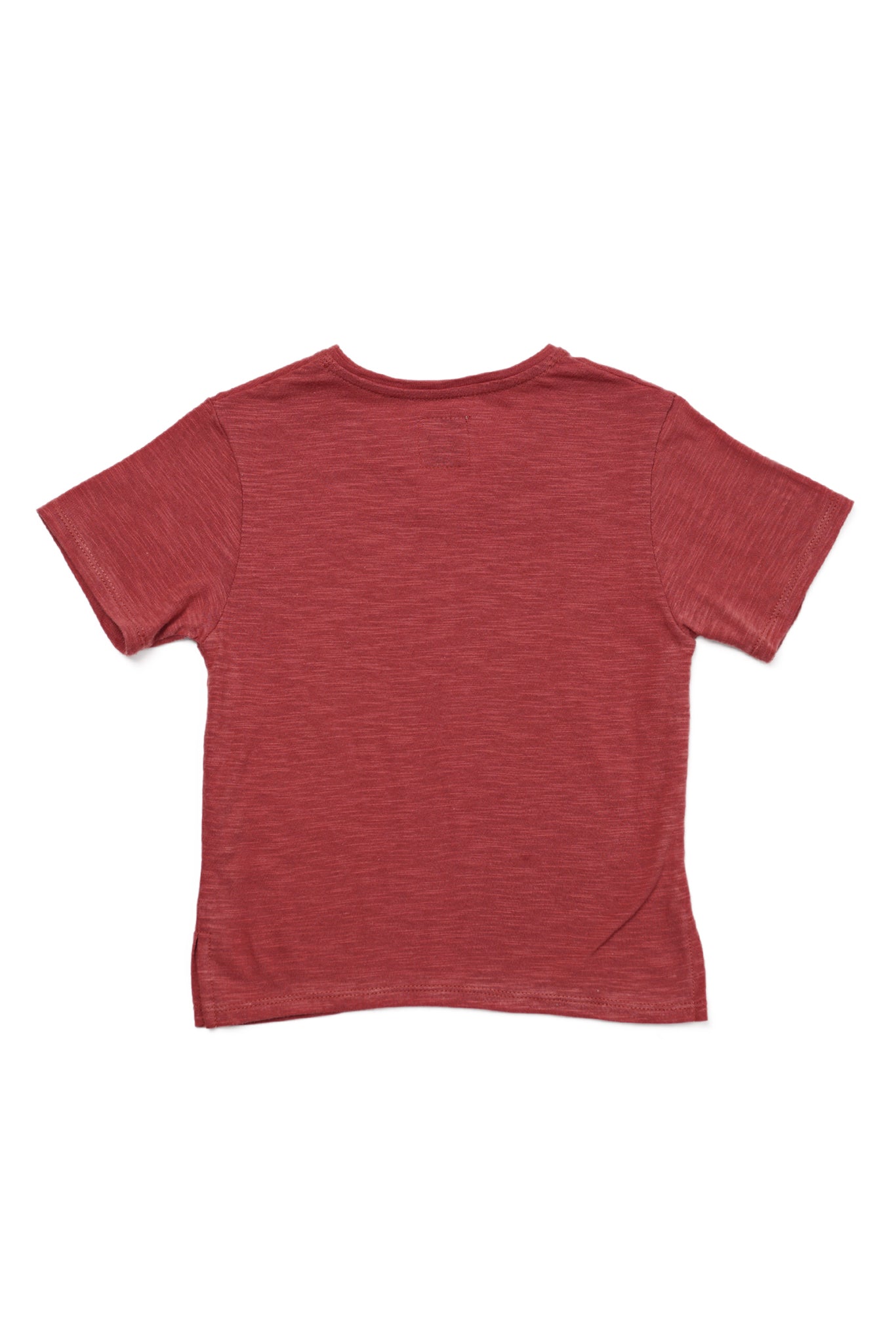 Back view of red V-neck cotton T-shirt with clean minimalist styling