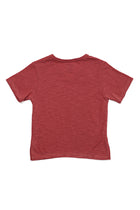 Back view of red V-neck cotton T-shirt with clean minimalist styling