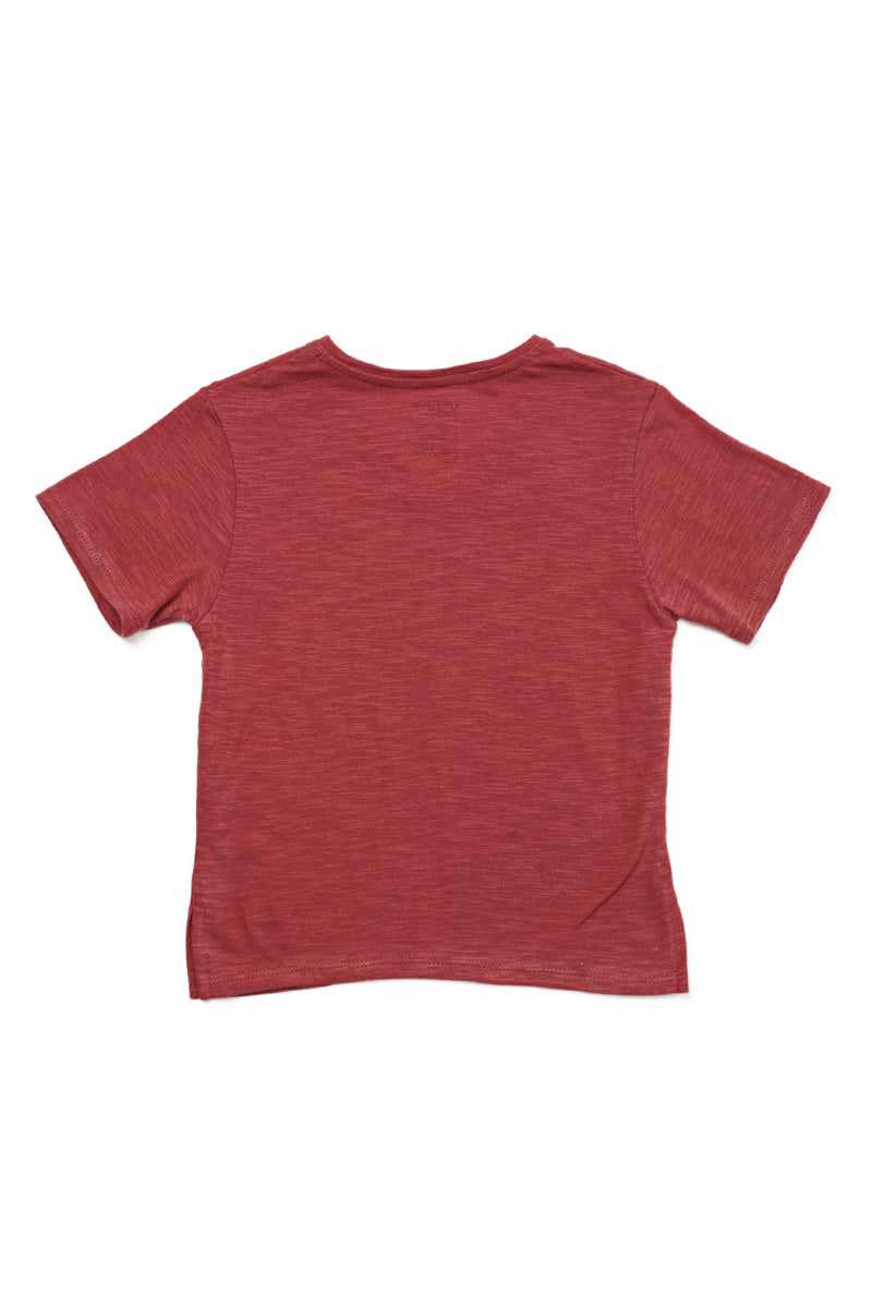Back view of red V-neck cotton T-shirt with clean minimalist styling