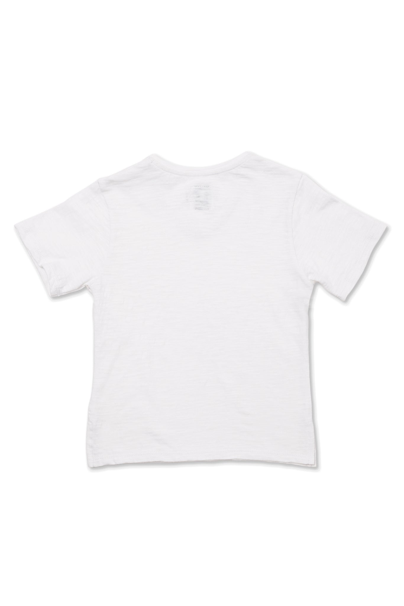 Back view of white V-neck cotton T-shirt with minimalist resortwear styling