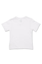 Back view of white V-neck cotton T-shirt with minimalist resortwear styling