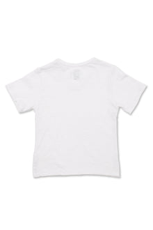 Back view of white V-neck cotton T-shirt with minimalist resortwear styling