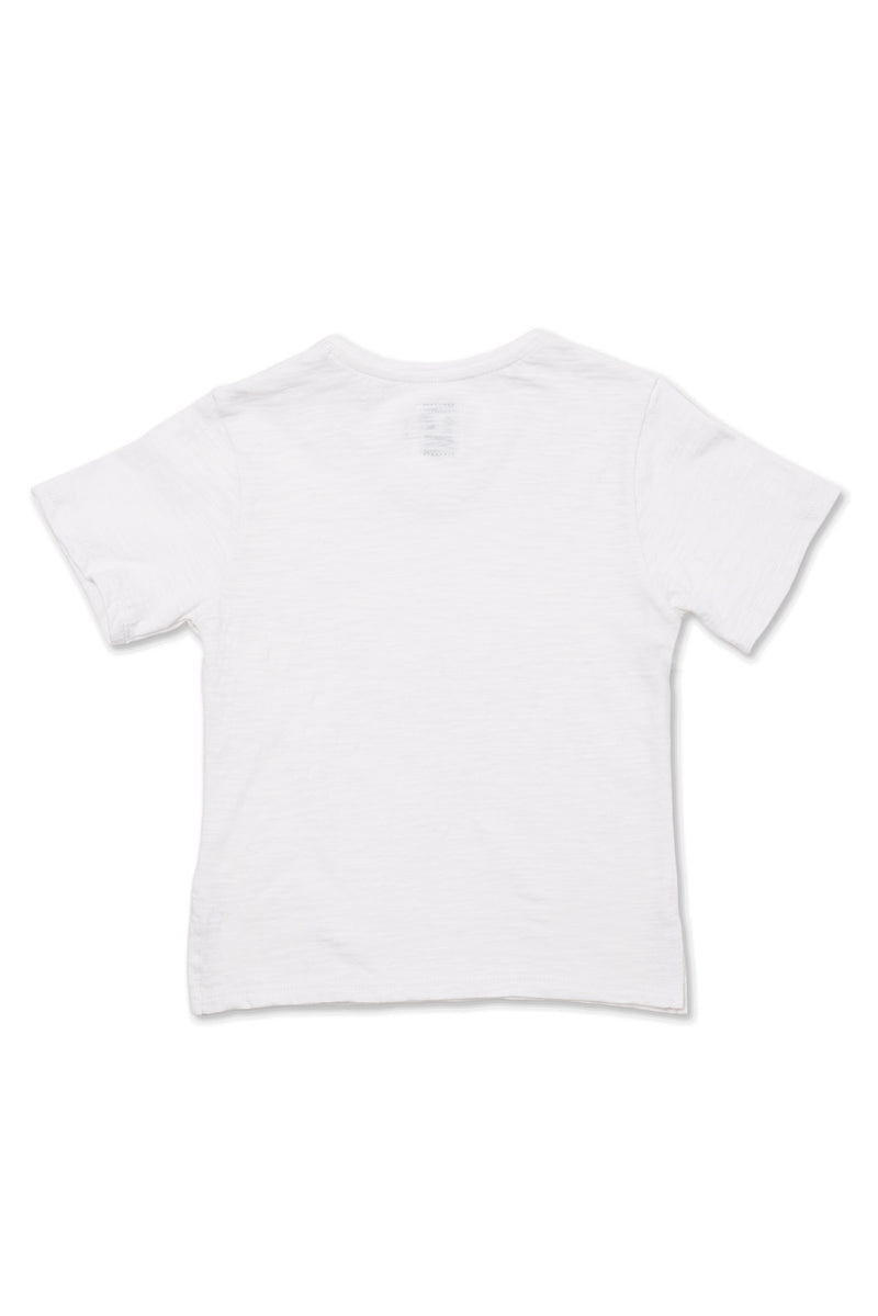 Back view of white V-neck cotton T-shirt with minimalist resortwear styling