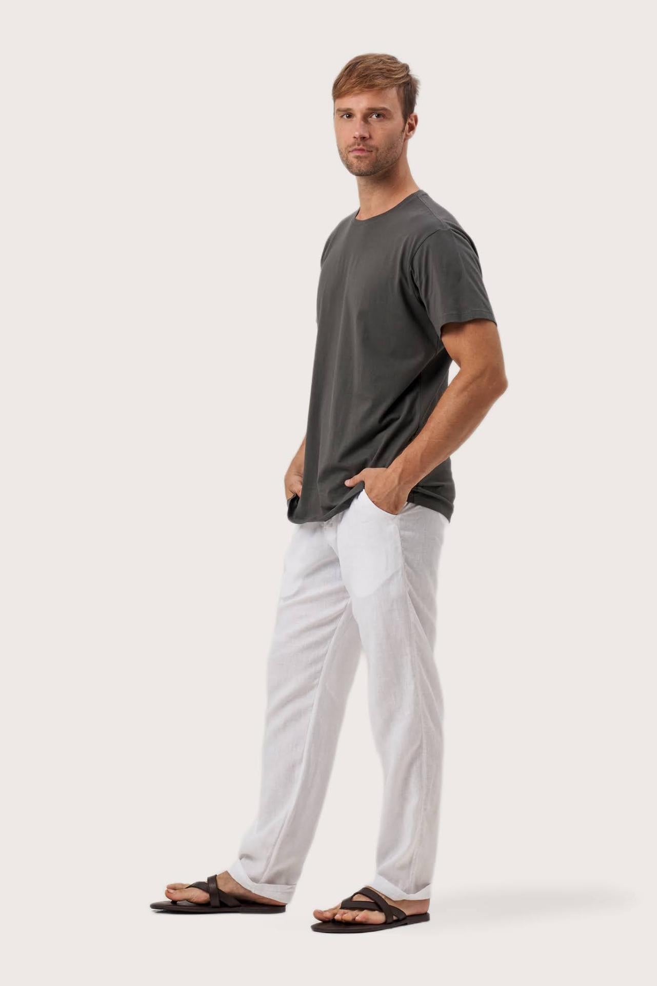 Side profile of the Skala T-Shirt Cenere by By The Sea Bali – relaxed drape and understated island elegance