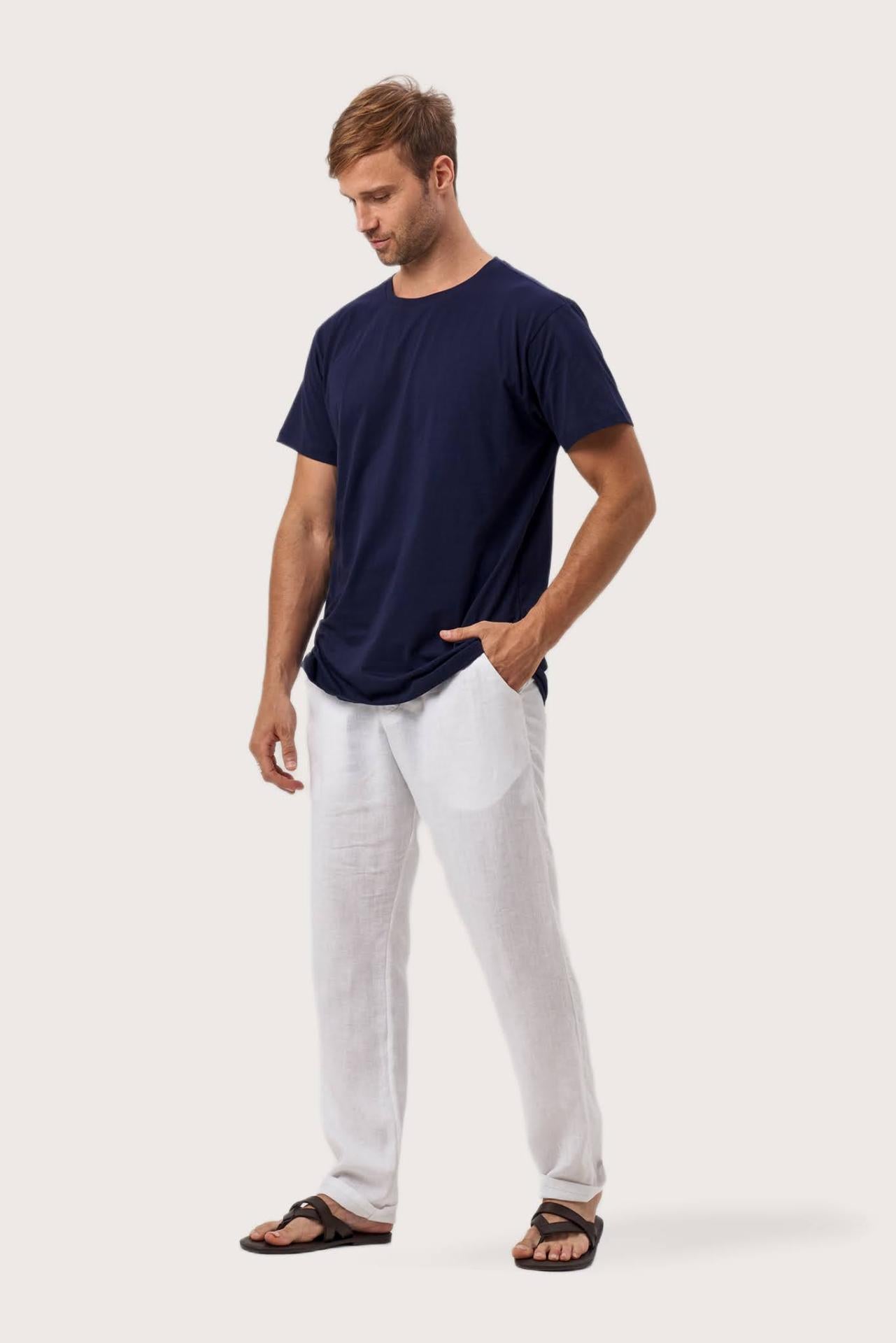 Side profile of the Skala T-Shirt Les Bleus by By The Sea Bali – relaxed drape and understated island elegance