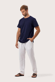 Side profile of the Skala T-Shirt Les Bleus by By The Sea Bali – relaxed drape and understated island elegance