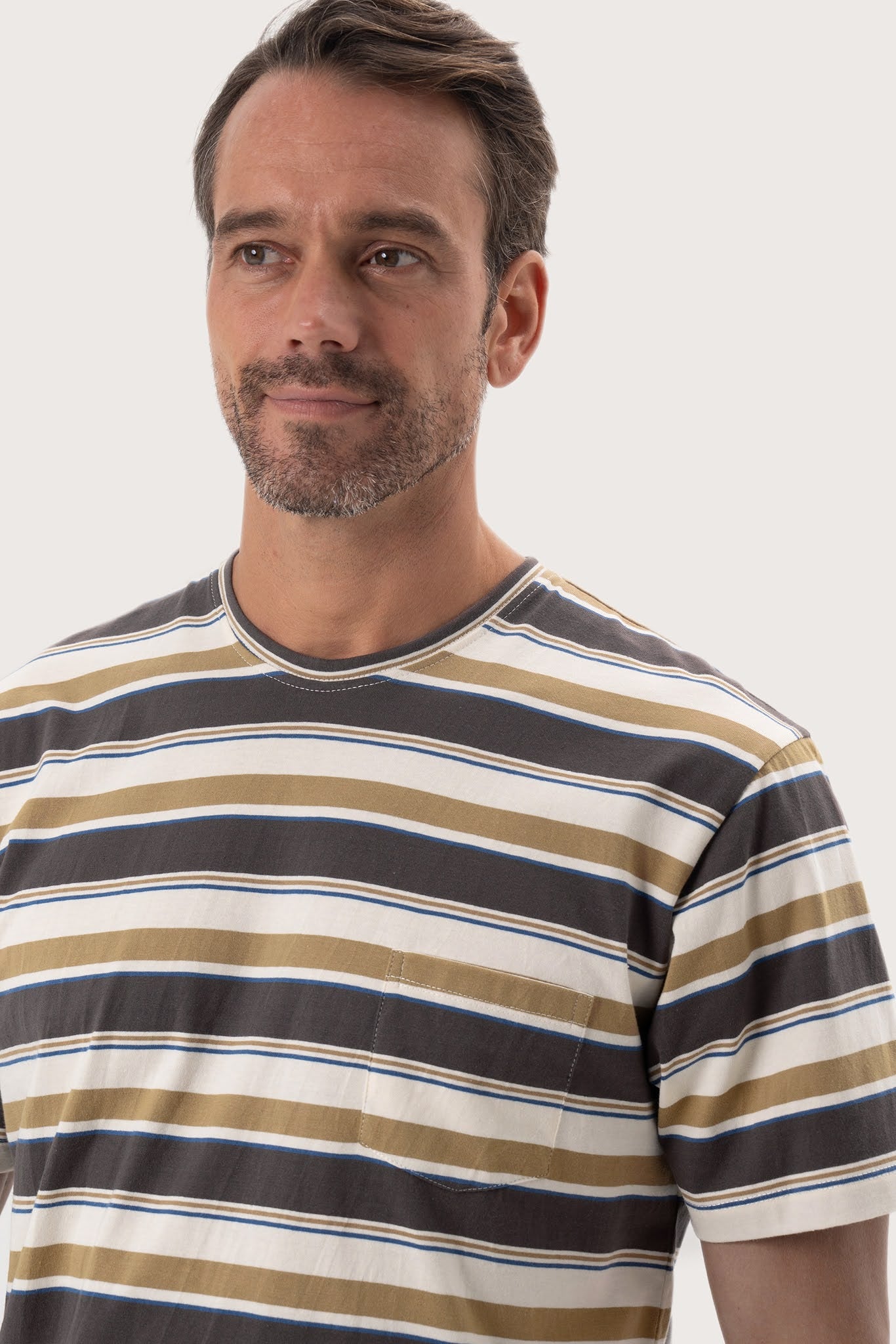 Close-up of the Striped cotton T-shirt Brown Mix by By The Sea Bali – exceptional fabric quality and texture