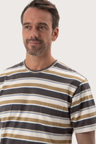 Close-up of the Striped cotton T-shirt Brown Mix by By The Sea Bali – exceptional fabric quality and texture