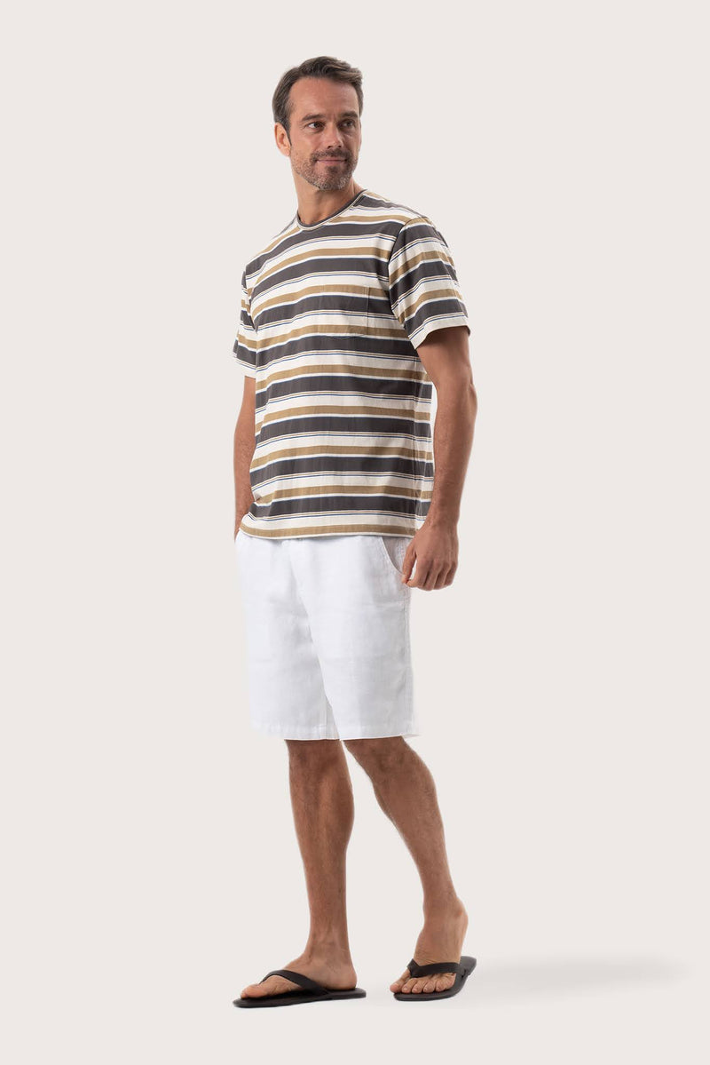 Side profile of the Striped cotton T-shirt Brown Mix by By The Sea Bali – relaxed drape and understated island elegance