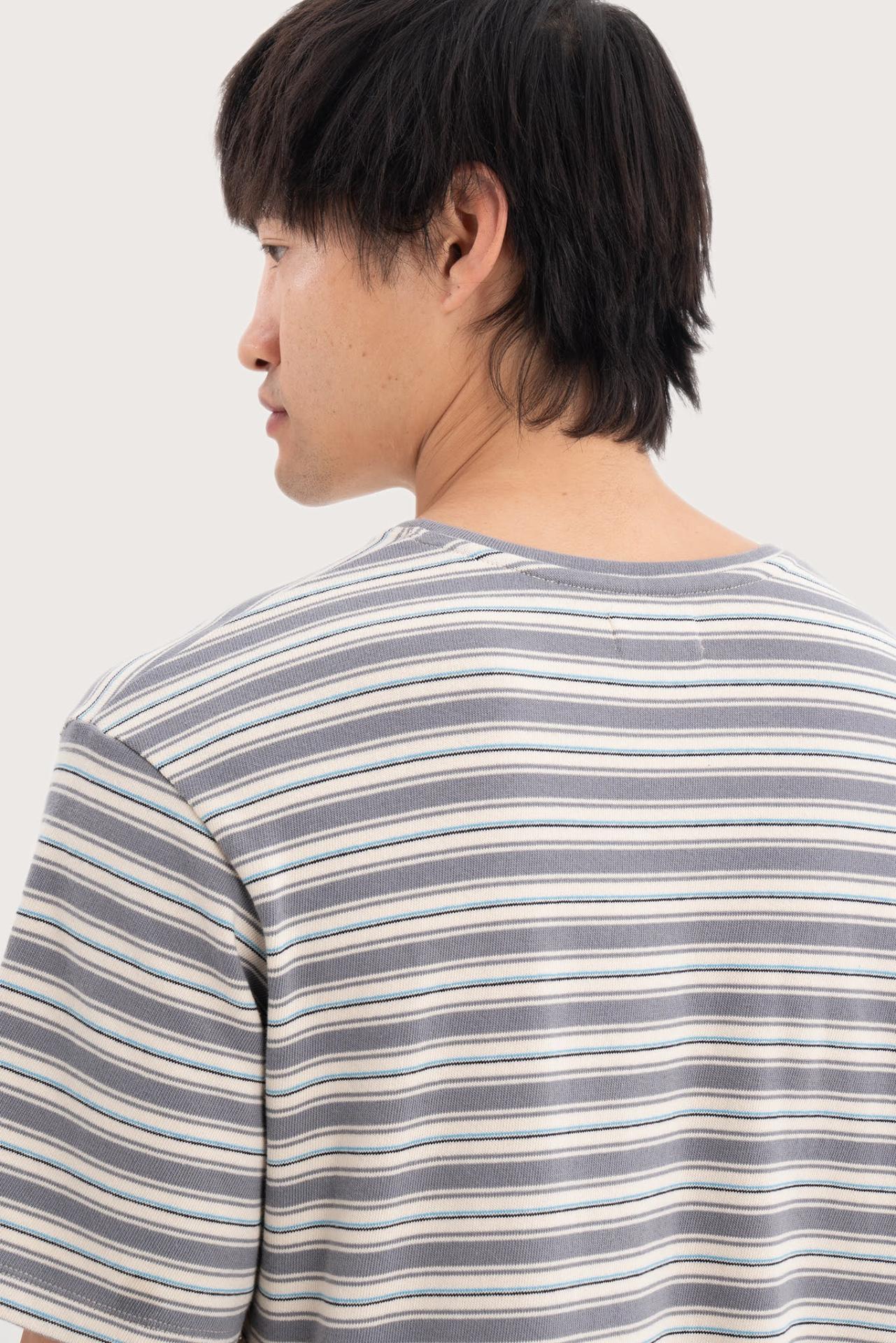 Back detail of the Striped Cotton T-shirt Grey Mix by By The Sea Bali – premium stitching and artisan quality