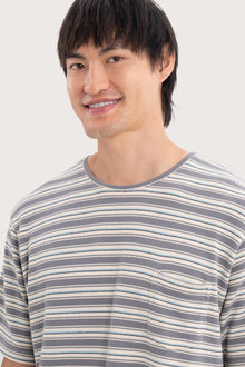 Close-up of the Striped Cotton T-shirt Grey Mix by By The Sea Bali – exceptional fabric quality and texture