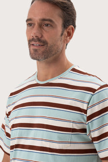 Angled detail of the Striped cotton T-shirt Mint Mix by By The Sea Bali – refined craftsmanship up close