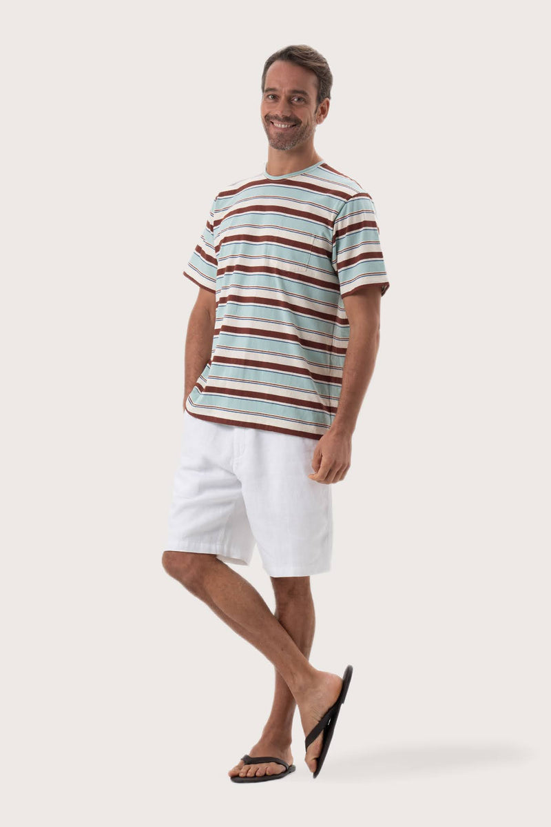 Side profile of the Striped cotton T-shirt Mint Mix by By The Sea Bali – relaxed drape and understated island elegance