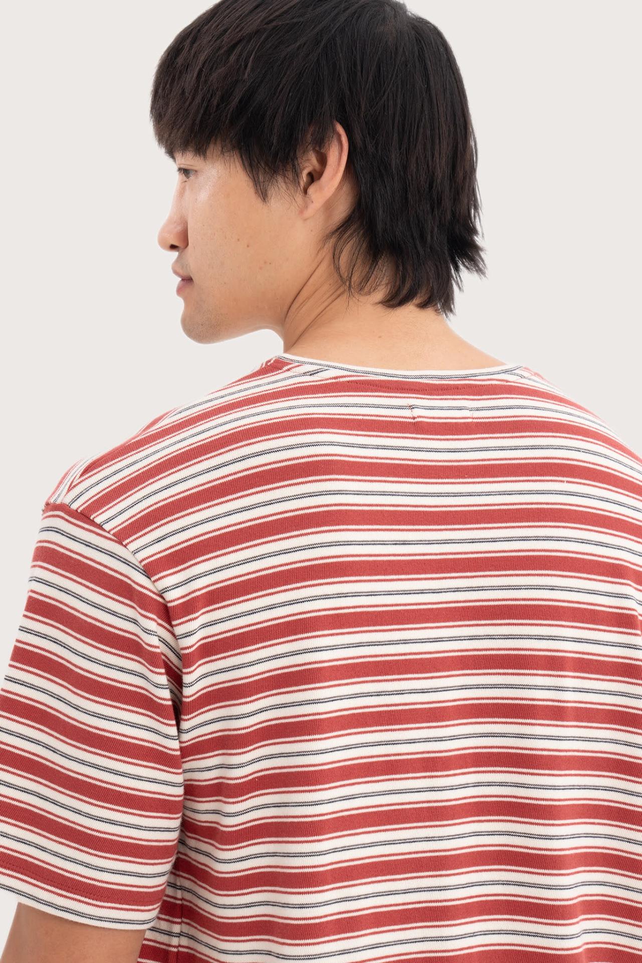 Back detail of the Striped Cotton T-shirt Red Mix by By The Sea Bali – premium stitching and artisan quality