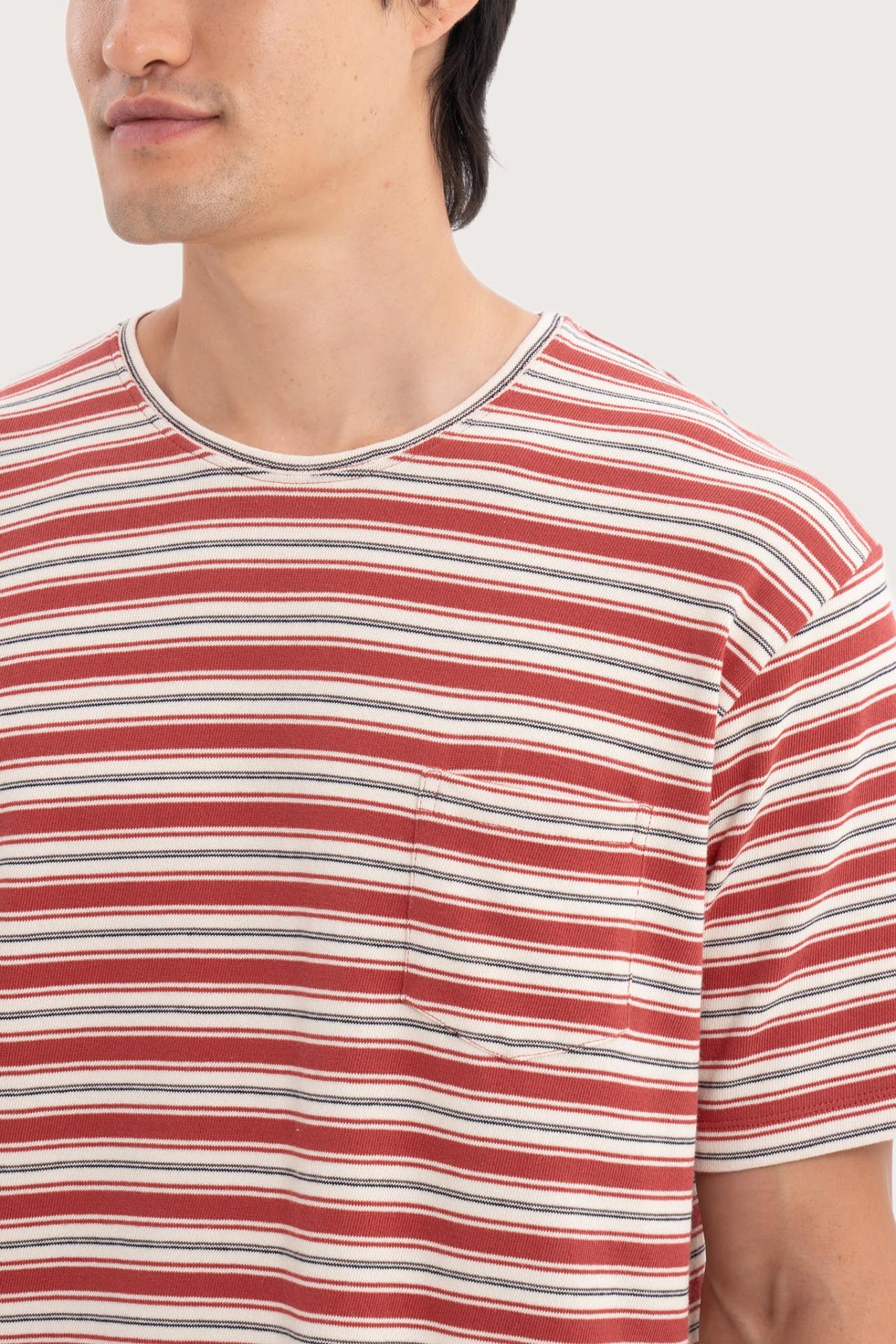 Close-up of the Striped Cotton T-shirt Red Mix by By The Sea Bali – exceptional fabric quality and texture