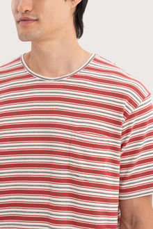 Close-up of the Striped Cotton T-shirt Red Mix by By The Sea Bali – exceptional fabric quality and texture
