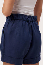 Close up detail of the Taloo Linen Bermuda La Brisa Navy highlighting craftsmanship and design features