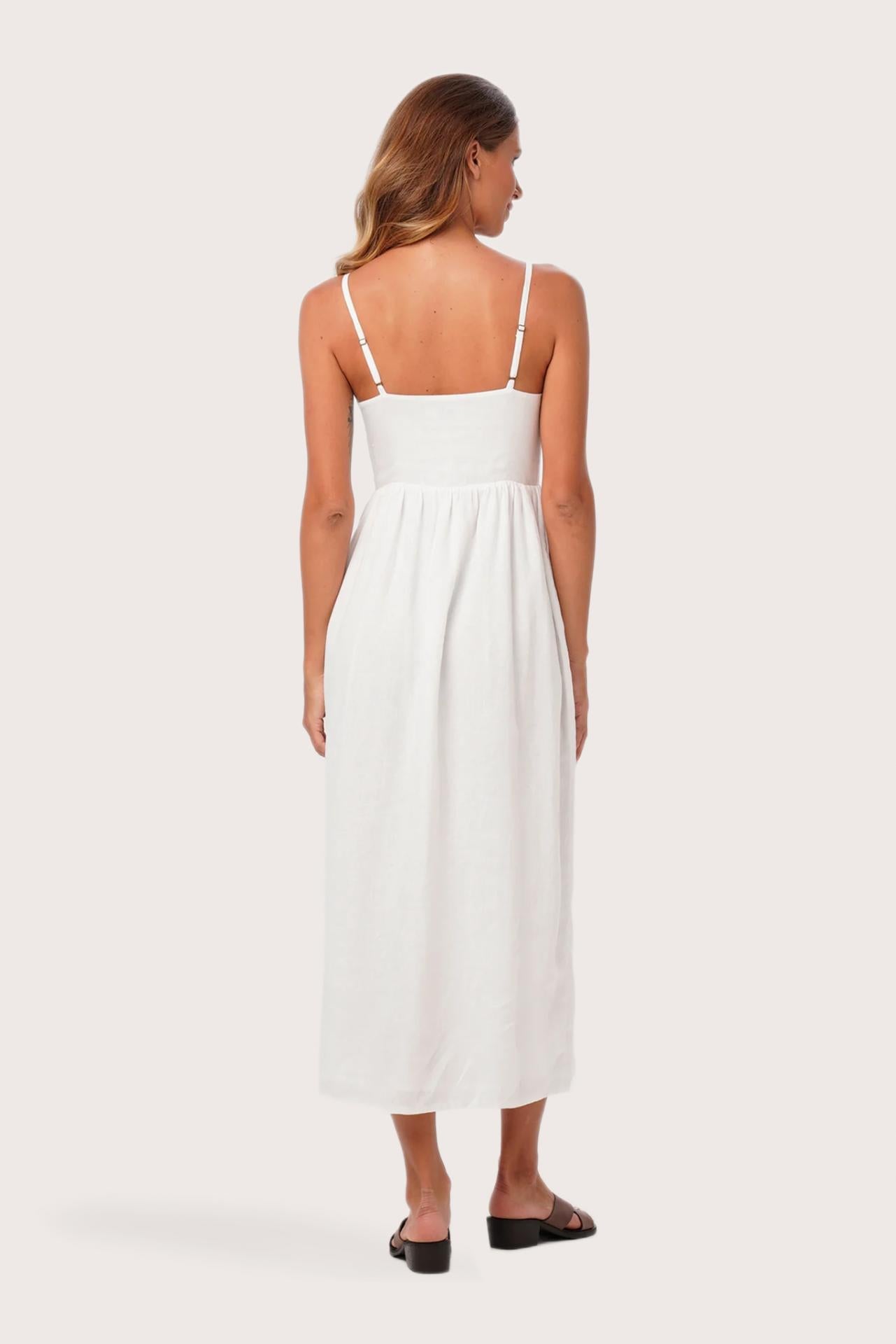 Back view of the Tarum Linen Dress White highlighting the garment shape and drape