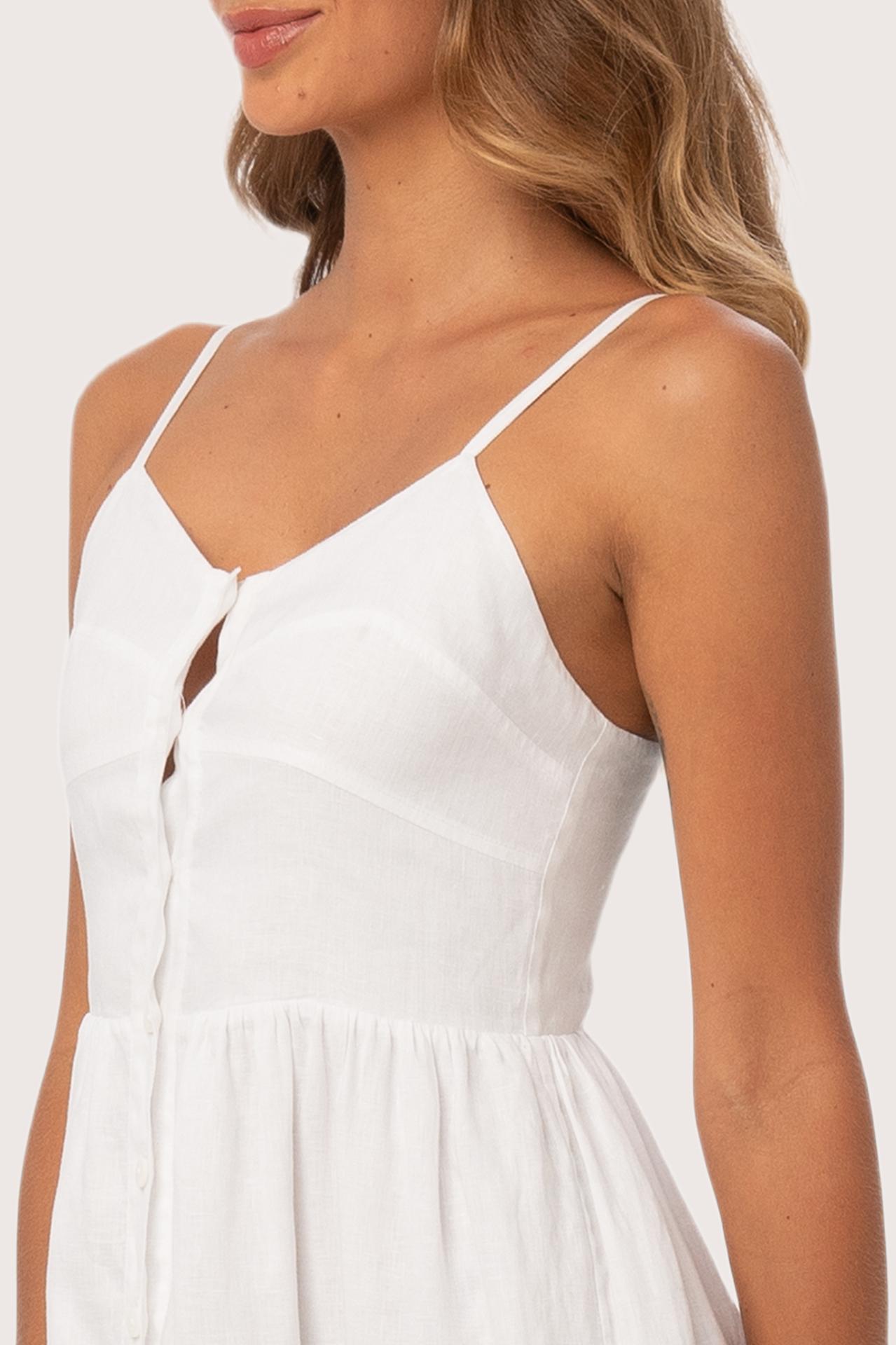 Close up detail of the Tarum Linen Dress White highlighting craftsmanship and design features