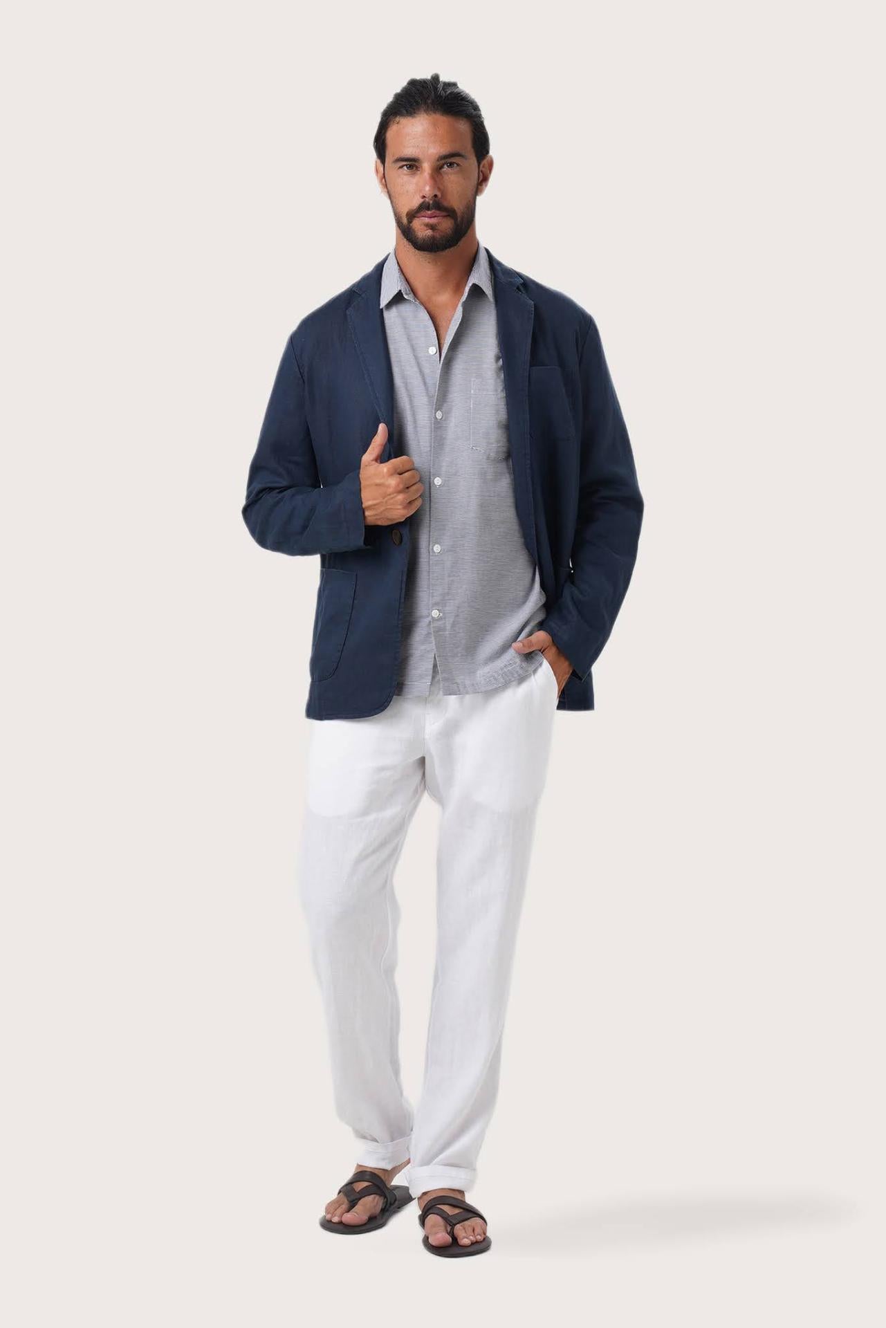 Model wearing the La Brisa linen Tenggara jacket by By The Sea Bali