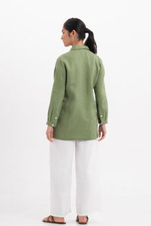 Back view of the Tifa Linen Shirt Green highlighting the garment shape and drape.