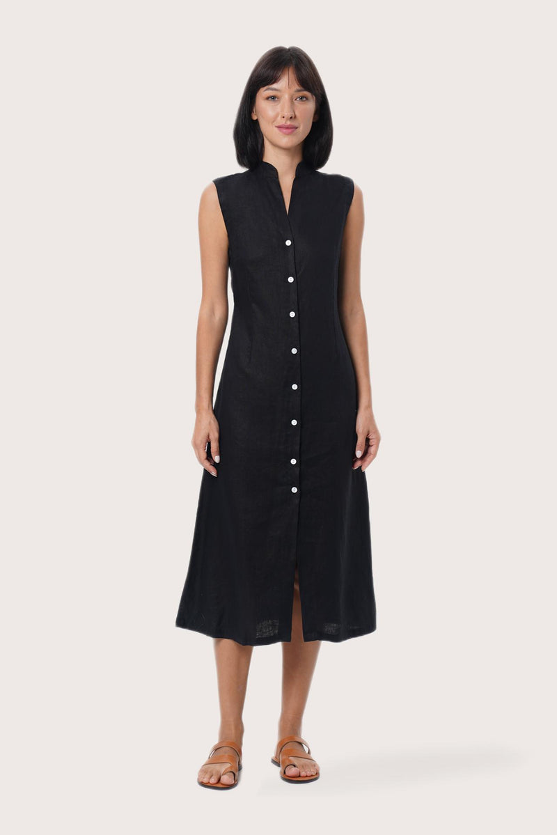 By The Sea Bali Veria Linen Dress in Black featuring a relaxed silhouette and timeless resort elegance