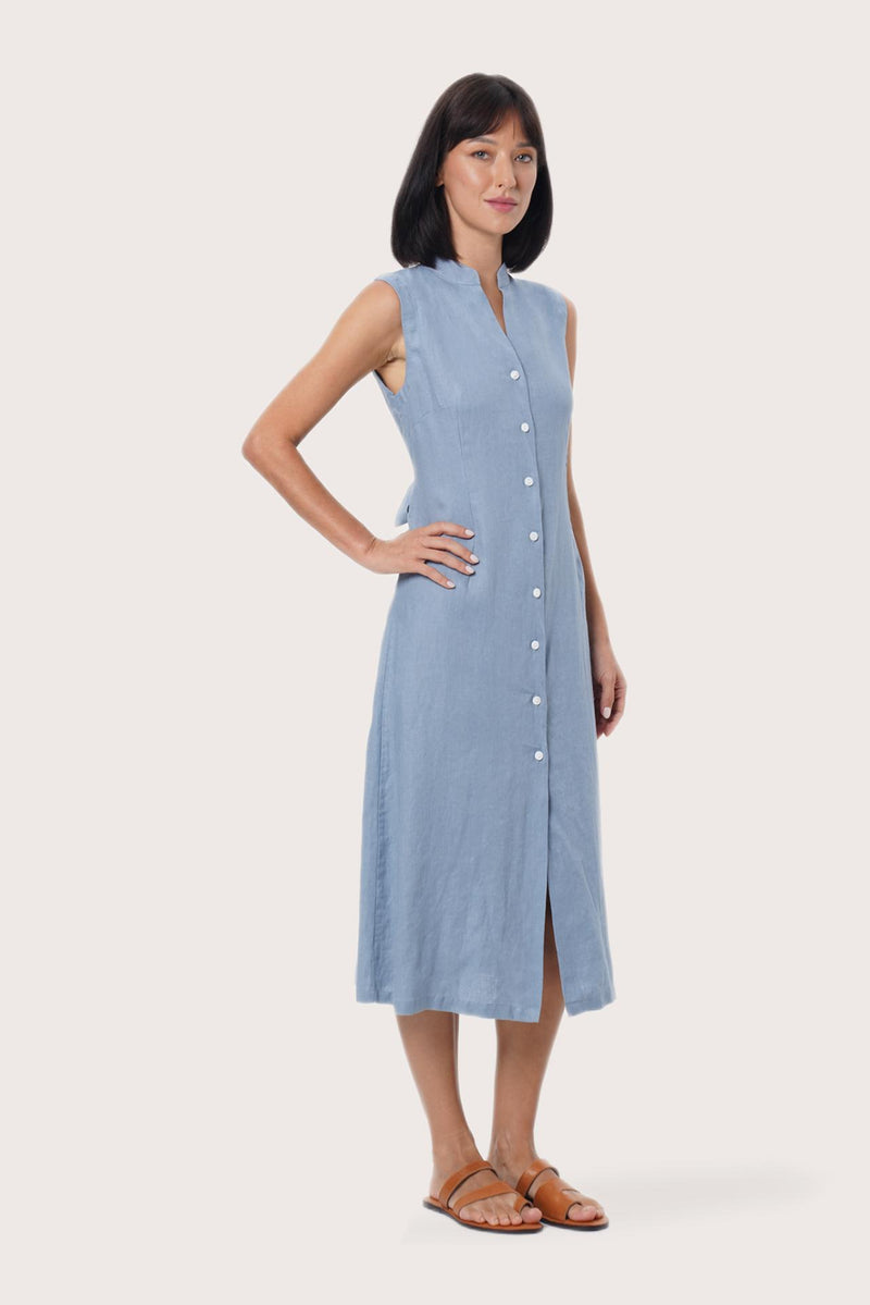 By The Sea Bali Side profile of the Veria Linen Dress showcasing its fluid drape and relaxed fit