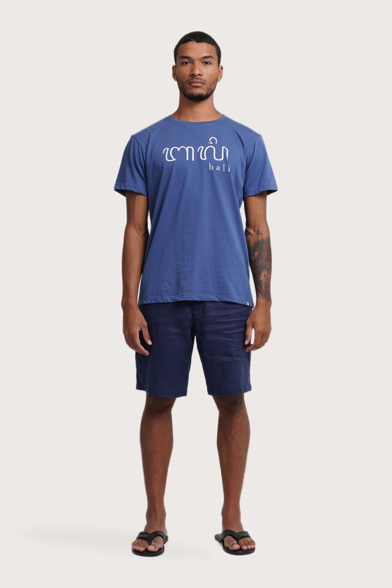 By The Sea Bali Watu T-shirt Aksara Bali in Indigo – refined men's resort tee with a relaxed, contemporary silhouette
